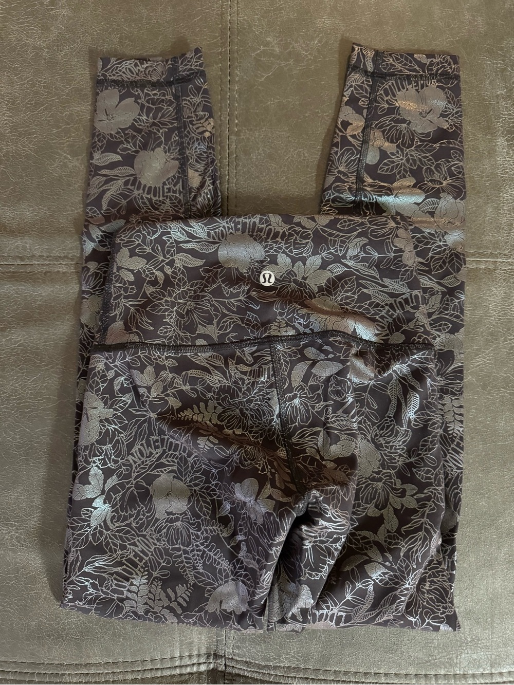 lululemon athletica Brown Leggings with Metallic Silver Floral Print